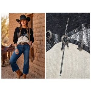Nannell Vintage Sweater Womens Medium Black Cream Western Mixed Media Hand Knit